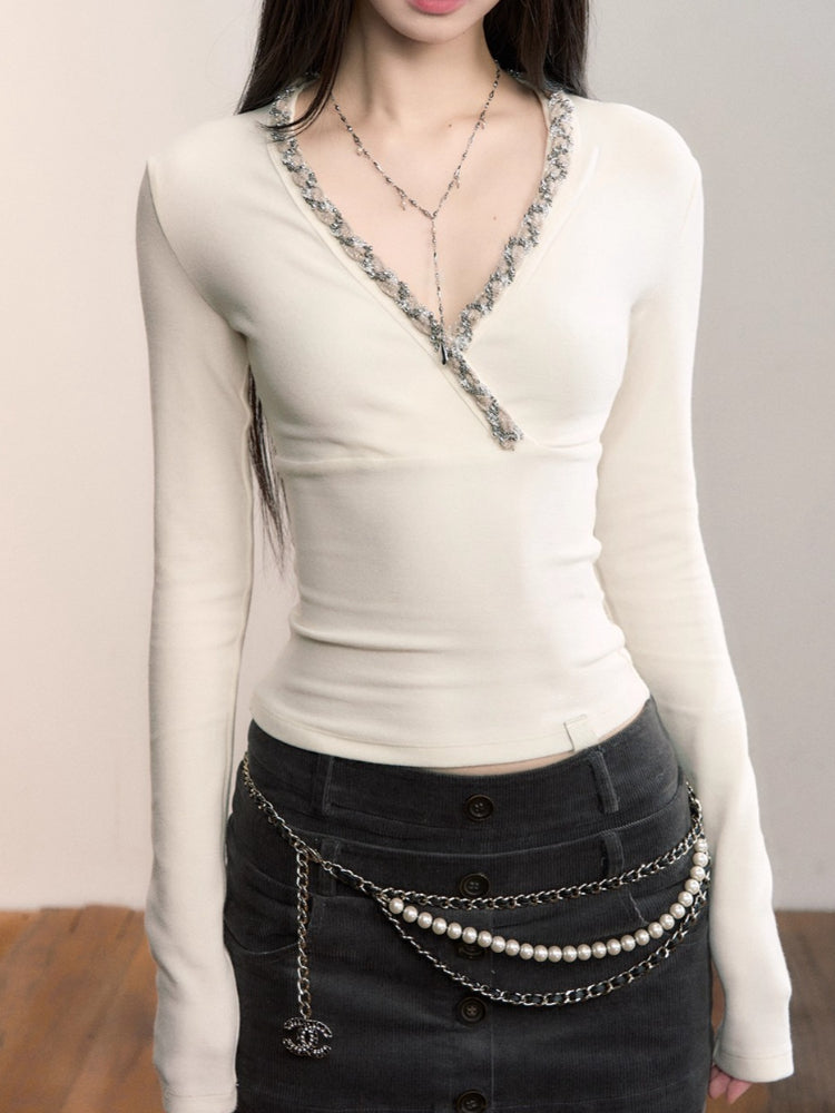 V-Neck Beaded Trim Knit Top