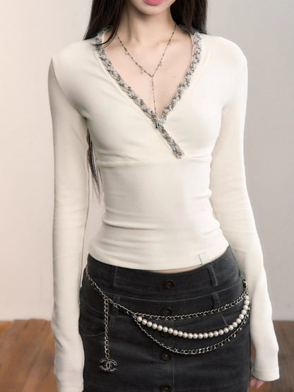 V-Neck Beaded Trim Knit Top