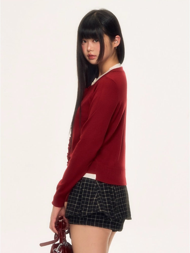 Red Layered Ruffle Trim Knit Pullover