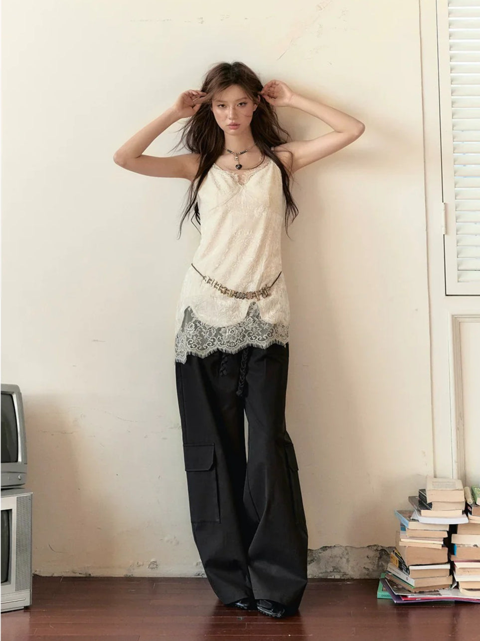 Beige Lace Panel Camisole Top