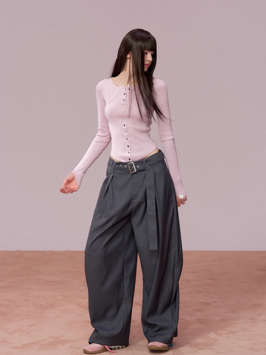 Belted Wide-Leg Tailored Trousers
