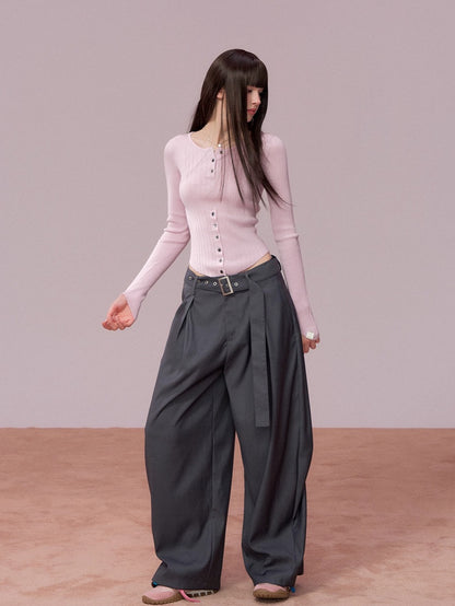 Belted Wide-Leg Tailored Trousers