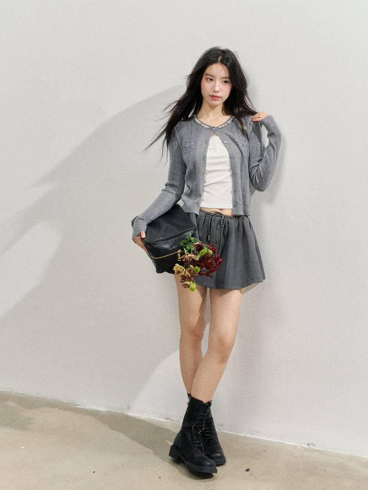 Handmade Rhinestone Collar Rose-Embroidered Knitted Cardigan