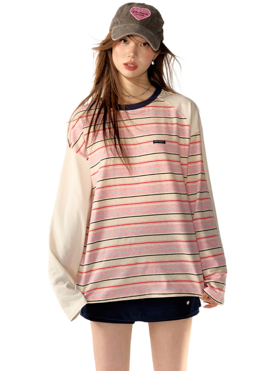 Pink Color-Block Striped Oversized T-shirt