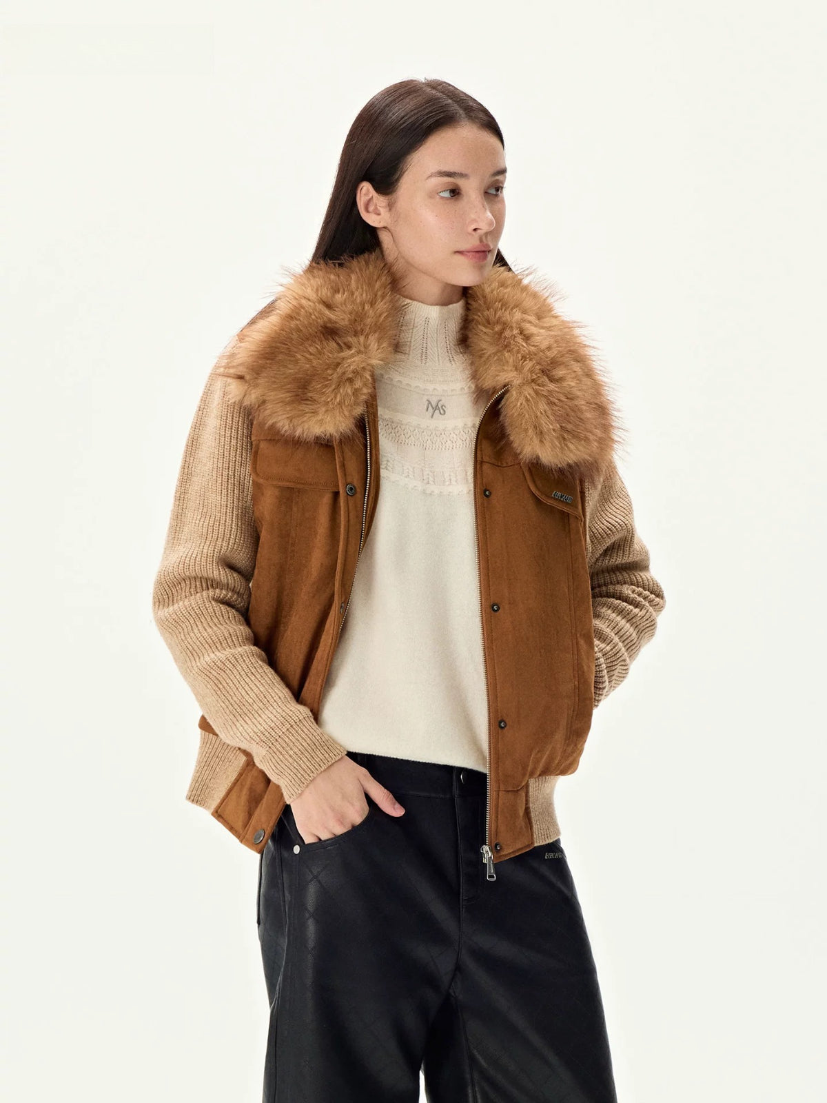 Faux Suede Wool Collar Jacket