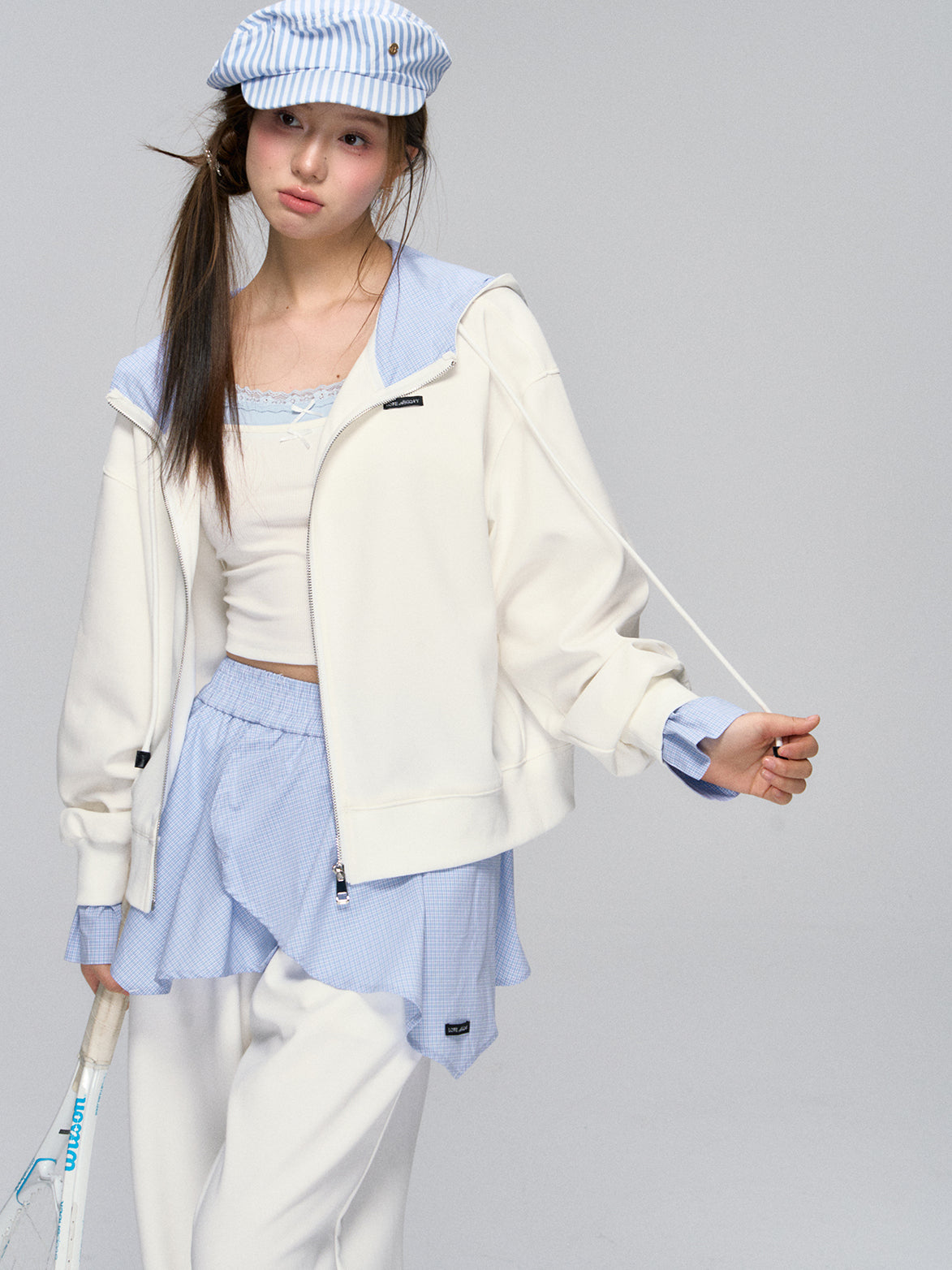 White Plaid Panel Hoodie &amp; Pants Set