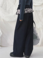 Navy Blue Plaid Panel Straight Pants