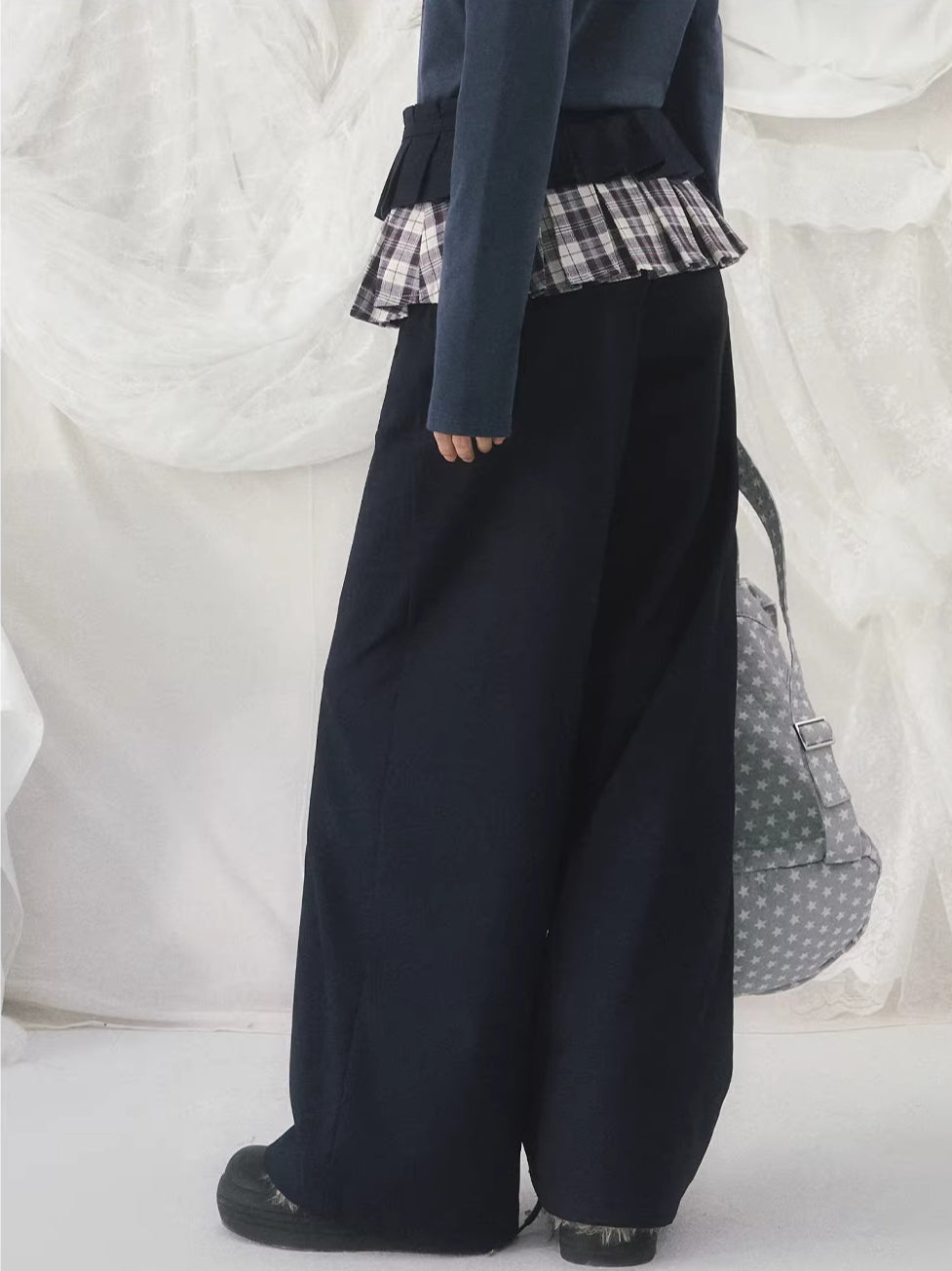 Navy Blue Plaid Panel Straight Pants
