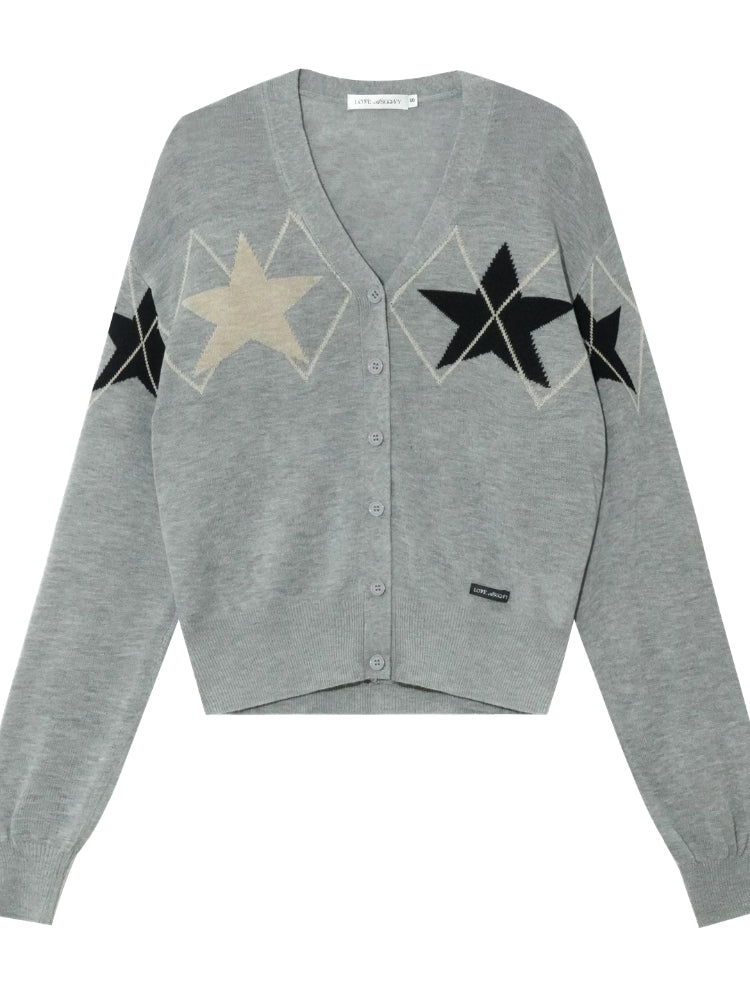 Single-breasted Star Argyle Knit Cardigan