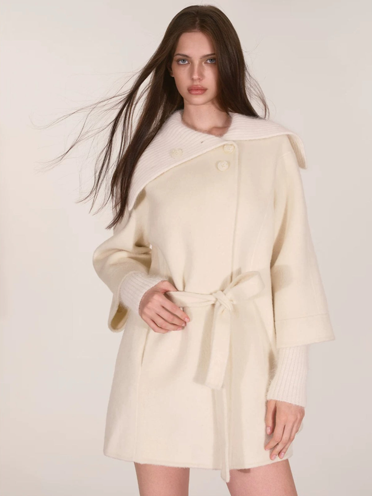 Asymmetric Collar Belted Wool Coat