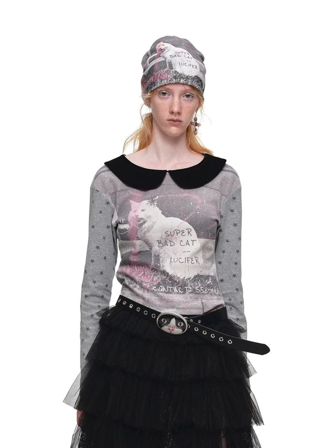 Cat Print Waffle Collar Top