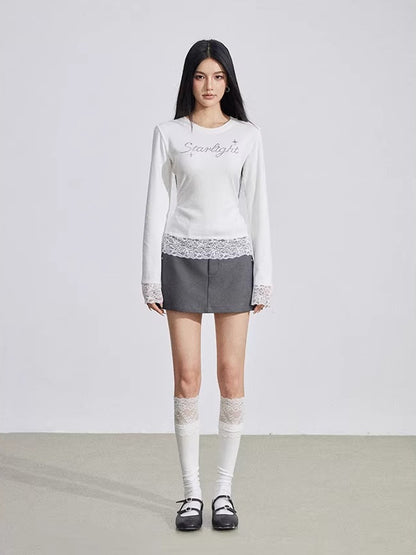 Beige Rhinestone Lace T-Shirt