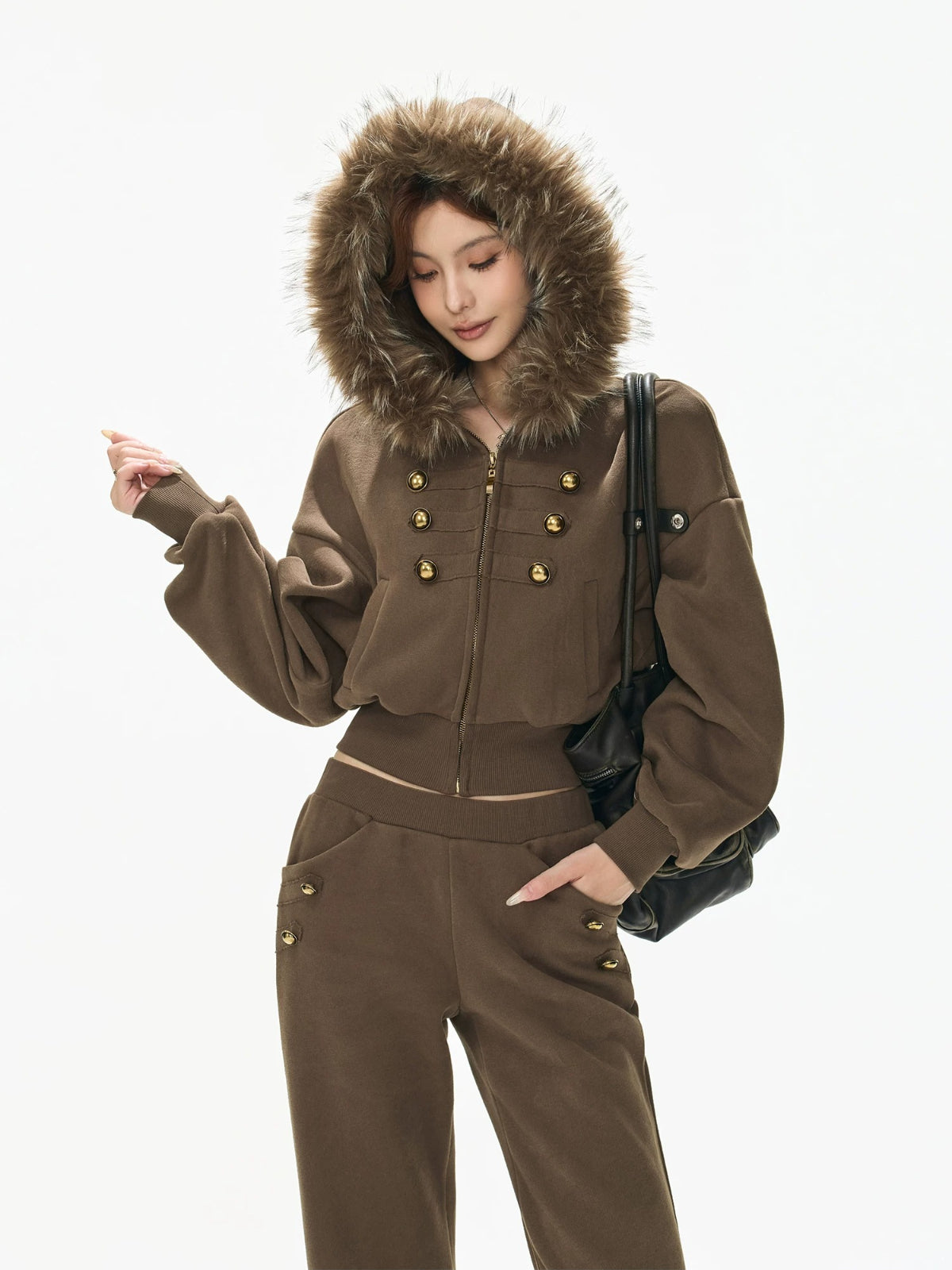 Caramel Hooded Cropped Wide-Leg Set