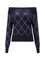Navy Blue Off-shoulder Diamond-pattern Knit Sweater