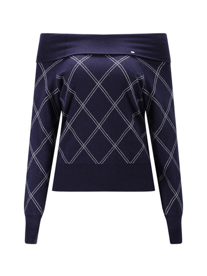 Navy Blue Off-shoulder Diamond-pattern Knit Sweater