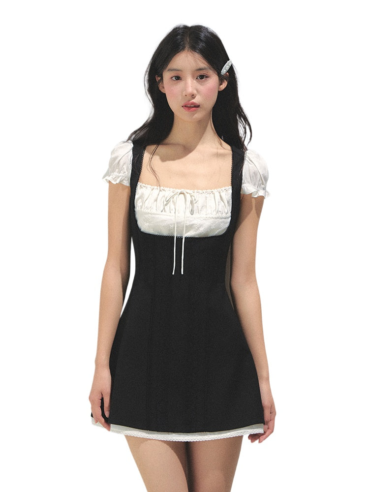 Black-White Contrast Two-piece Square Neck Dress
