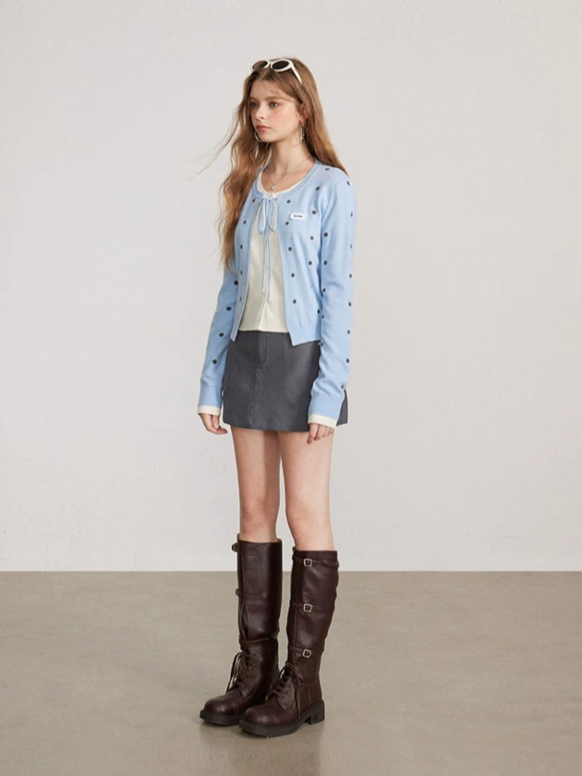 Polka Dot Layered Bow Knit Sweater