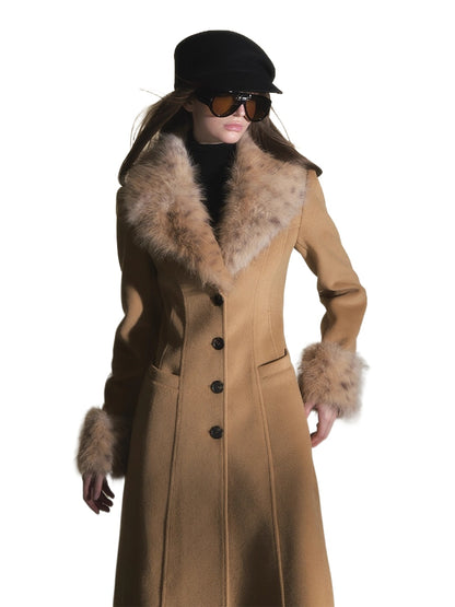 Leopard Fur Trim Fitted Wool Coat
