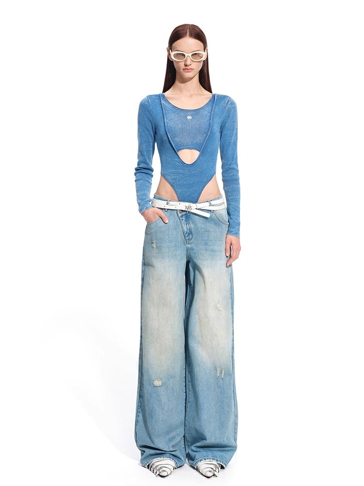 "Caracal Series" Washed Crinkle Denim Mesh Bodysuit