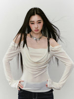 Draped Neck Leather Strap Acetate One-shoulder T-shirt