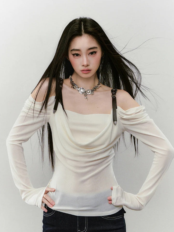 Draped Neck Leather Strap Acetate One-shoulder T-shirt