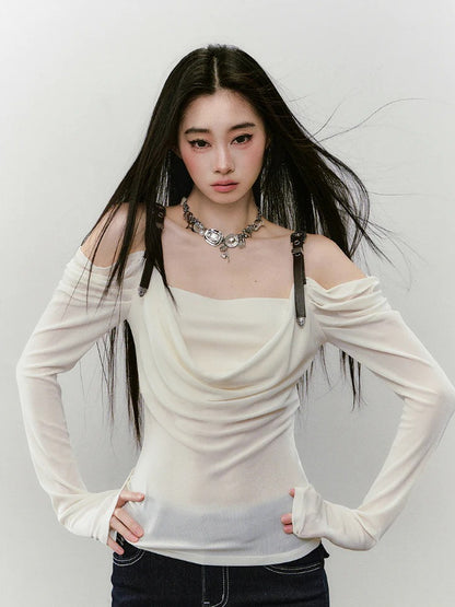 Draped Neck Leather Strap Acetate One-shoulder T-shirt