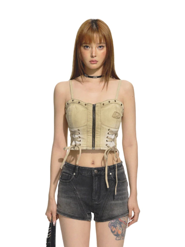 Brown Distressed Wash Denim Halter Top