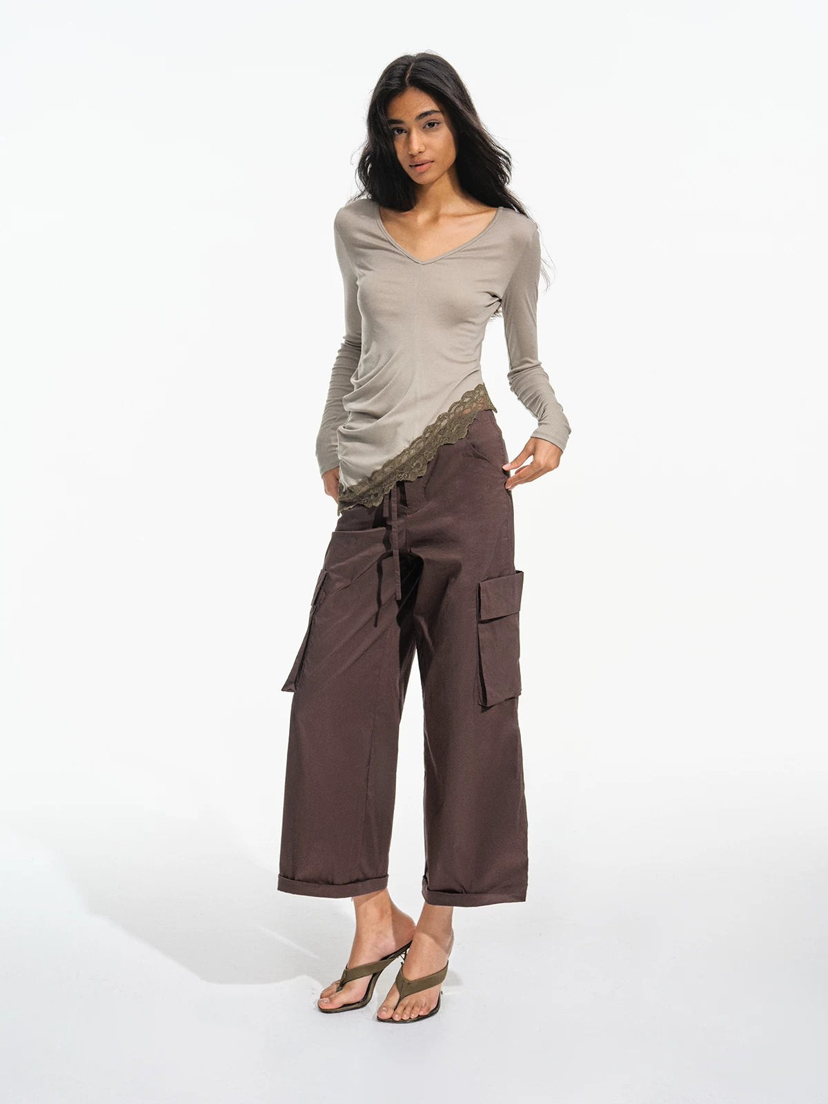 Asymmetric Lace Hem Long Sleeve Top