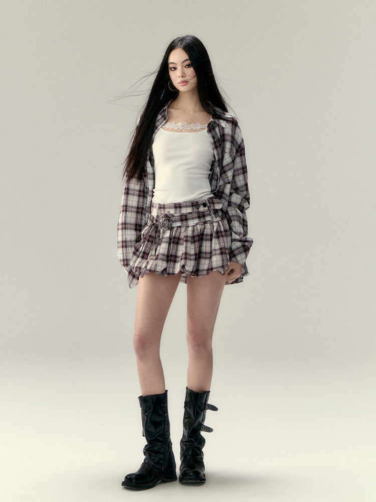 Plaid Design Shirt & Skirt Set