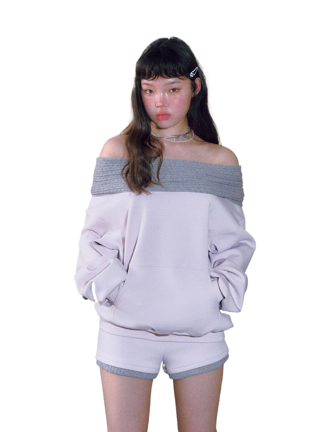 Pink Foldover Off-Shoulder Sweatshirt