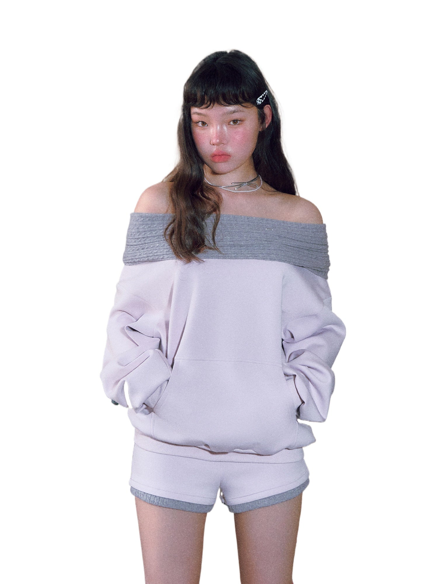 Pink Foldover Off-Shoulder Sweatshirt