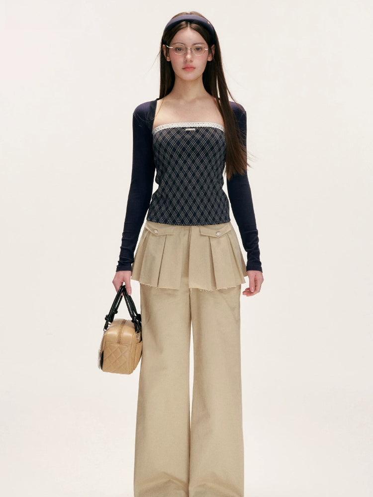 Contrast Lace-Trim Plaid Top Set