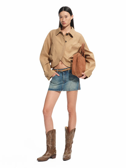 Vintage Washed Twill Patchwork Leather Straight Short Skirt