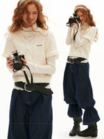 Textured Openwork Puff Sleeve Knit Top