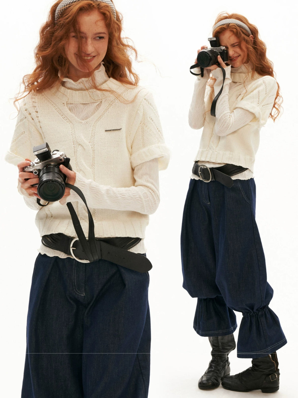 Textured Openwork Puff Sleeve Knit Top