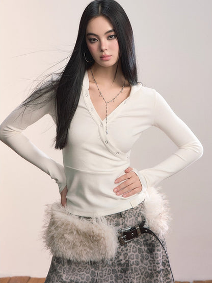 Cross Neck Hooded Slim-Fit Knit Top