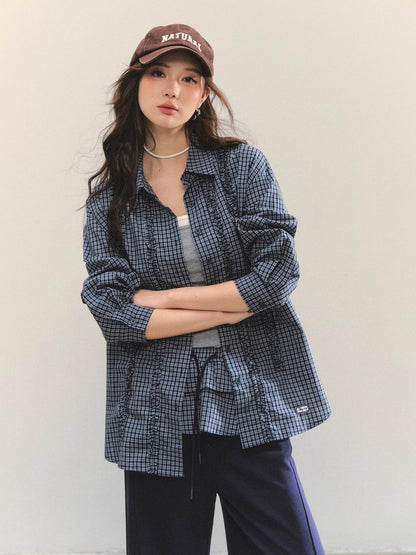 Plaid Ruffle Drawstring Pleated Shirt &amp; Sweatpants Set