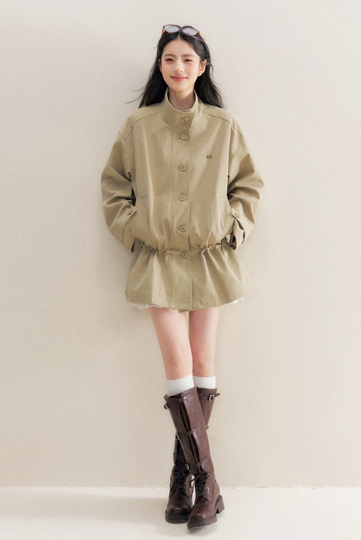 Crochet Collar Drawstring Coat