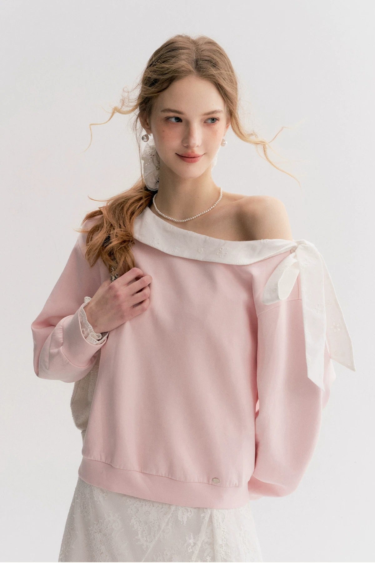 Navy &amp; Pink Bow Off-Shoulder Sweatshirt