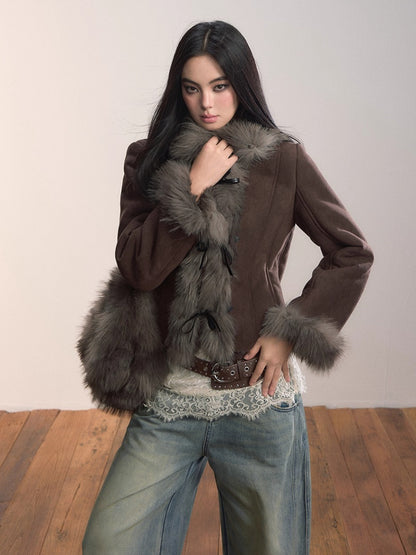 Bow Knot Tie Faux Leather Fur Combo Jacket
