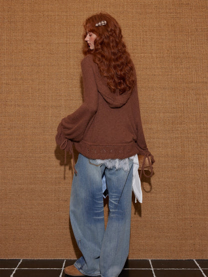 V-Neck Floral Tie Wool-Blend Knit Cardigan