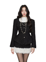 Chanel-style Square Neck Waist-Cinching Jacket & skirt set