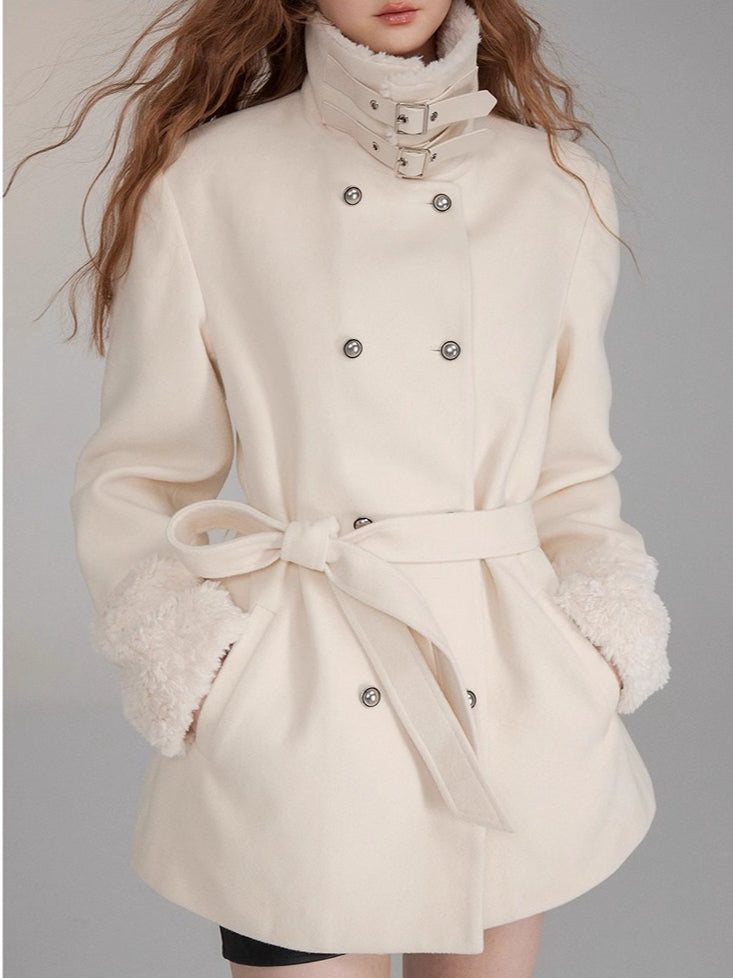 Belted Faux Fur-Cuff Mid-Length Coat