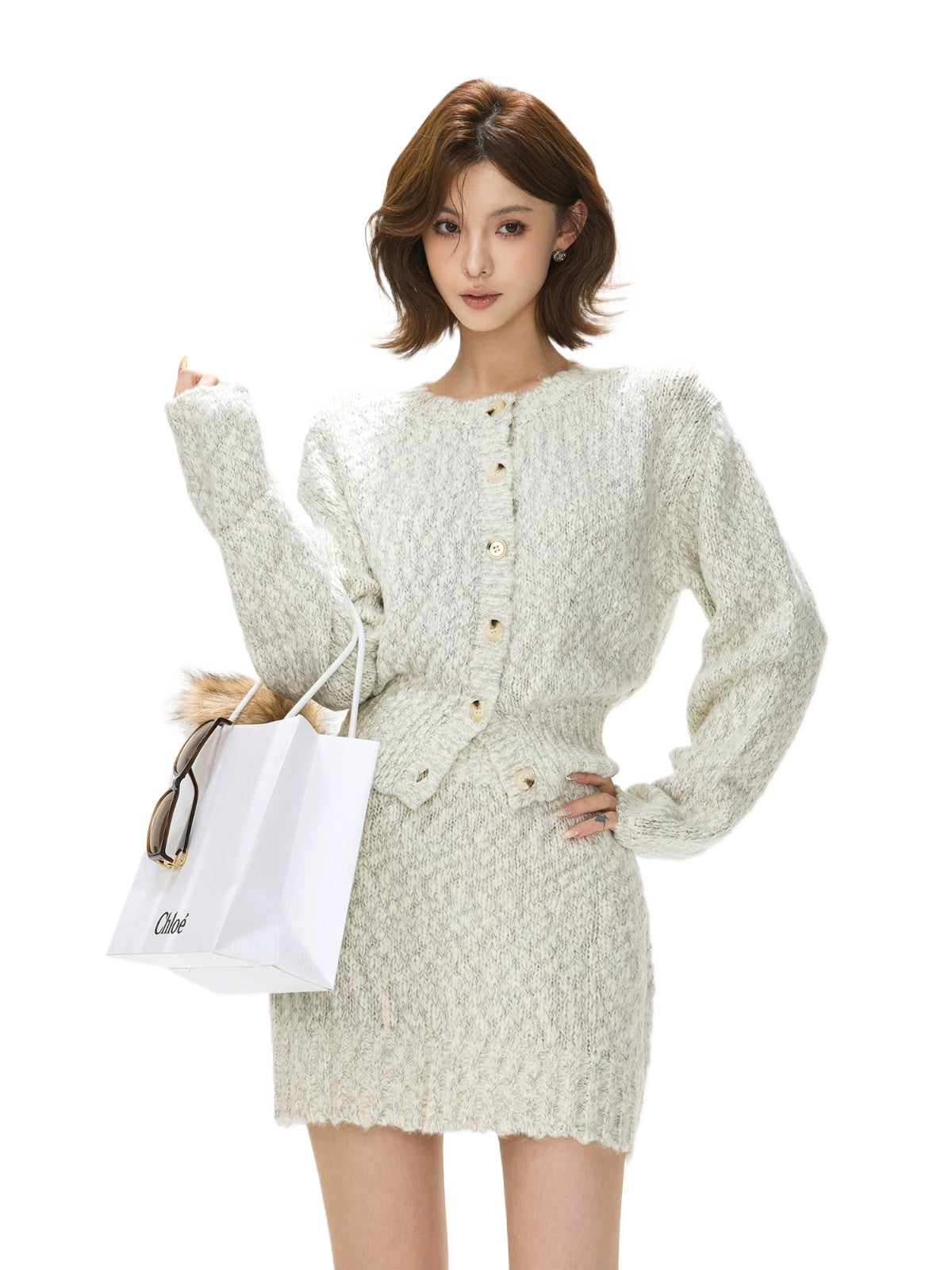 Wool Knit Cardigan &amp; Skirt Set