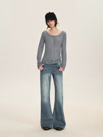 Ribbed Henley Long Sleeve Top