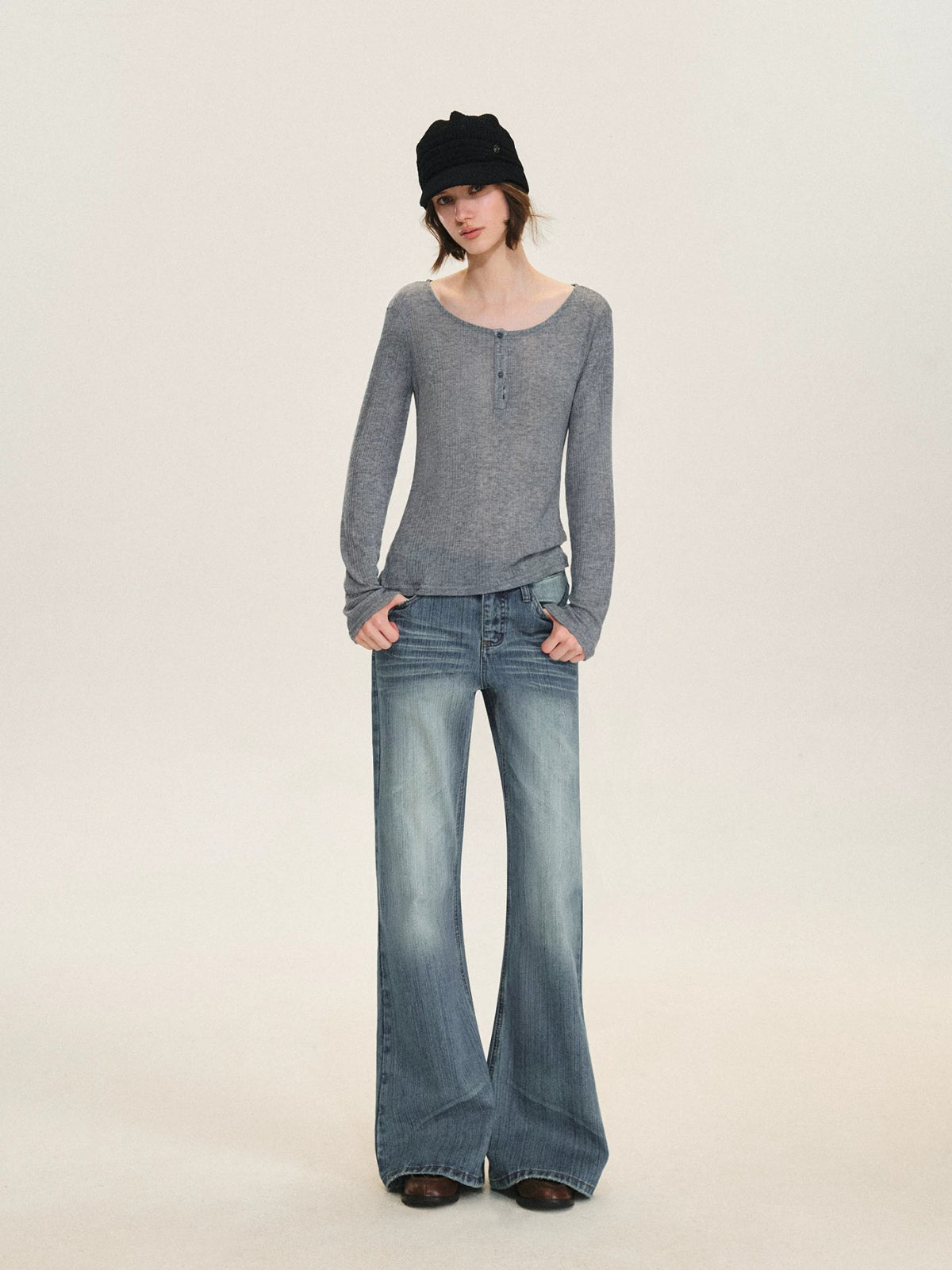 Ribbed Henley Long Sleeve Top
