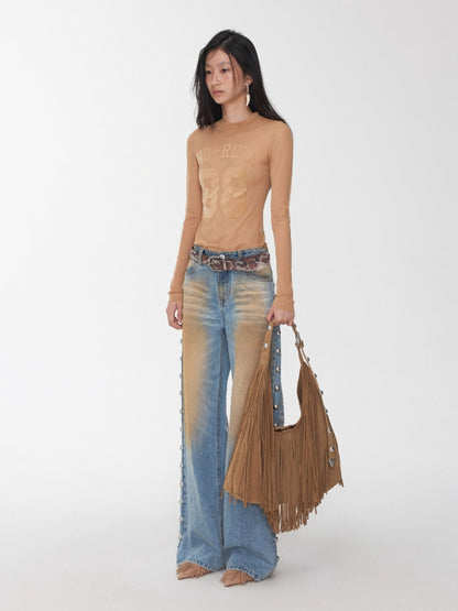 Flocked Mesh Sporty Turtleneck Top