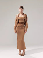 Khaki Striped Oversized Collar Knit Cardigan and Pants Set