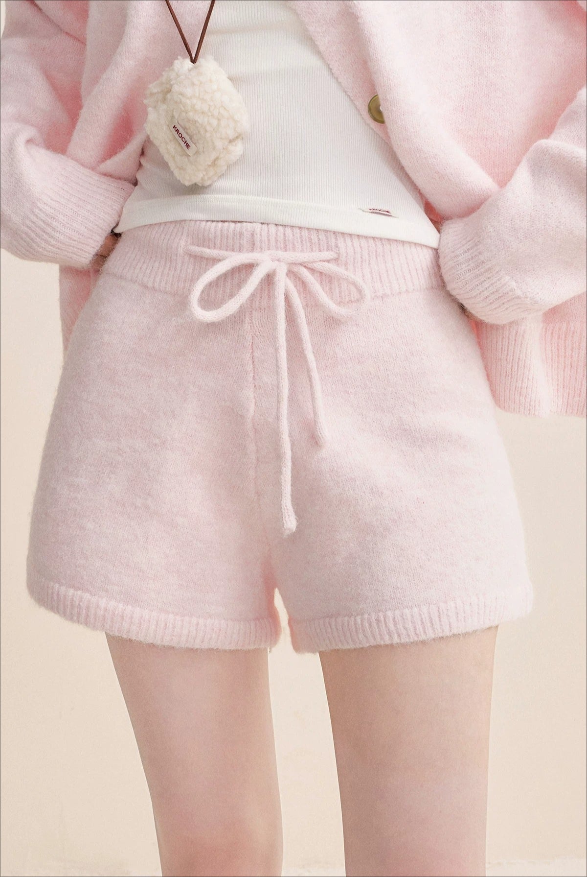 Pink Knit Turn-Down Collar Cardigan Set