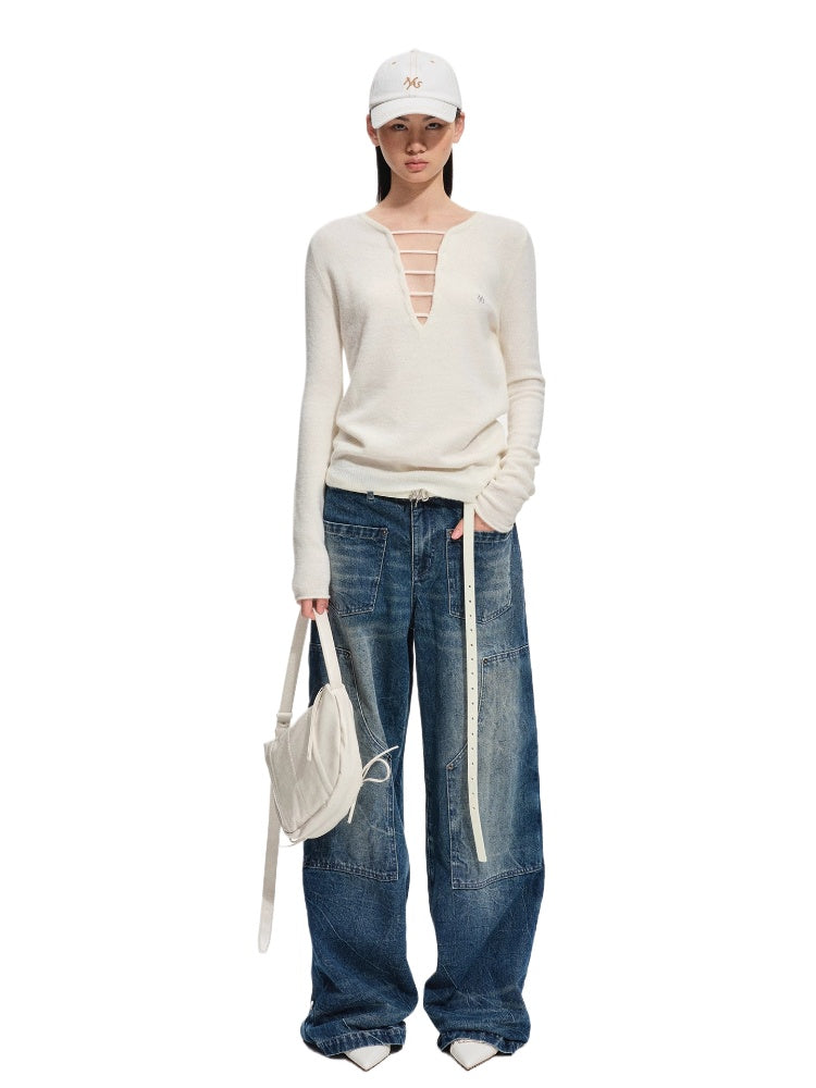Deep-V Asymmetric Hem Knit Top